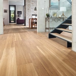 LooseLay Longboard timber flooring product swatch in lemon spotted gum open plan area