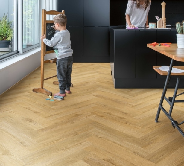 Pristine Falls Oak Honey LVP Herringbone Lifestyle