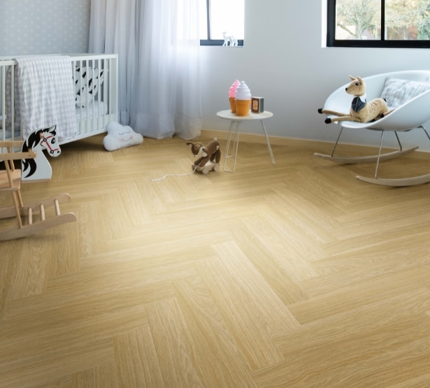 Pristine Serene Oak Medium Natural LVP Herringbone Lifestyle