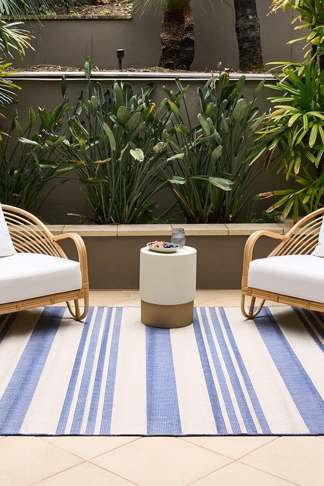 Newport Alvi Blue Polypropylene Rug striped rug for coastal homes and alfresco areas