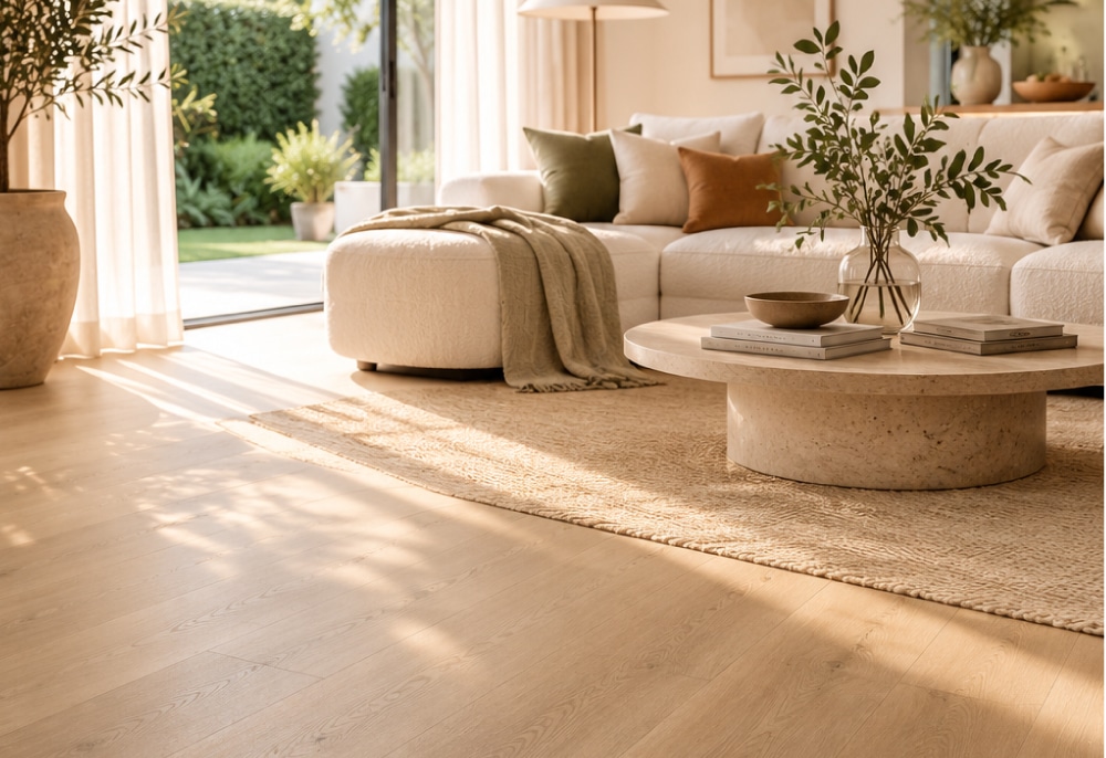 Bright living room with light hard flooring and natural sunlight.